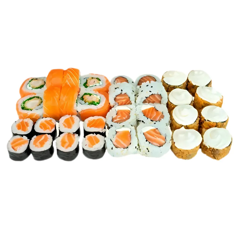 Eat Sushi 34 Peças - 8- Uramaki Salmão Phila, 8- Uramaki Especial Ebi Salmão, 8- Hossomaki Salmão, 10- Hot Roll Phila