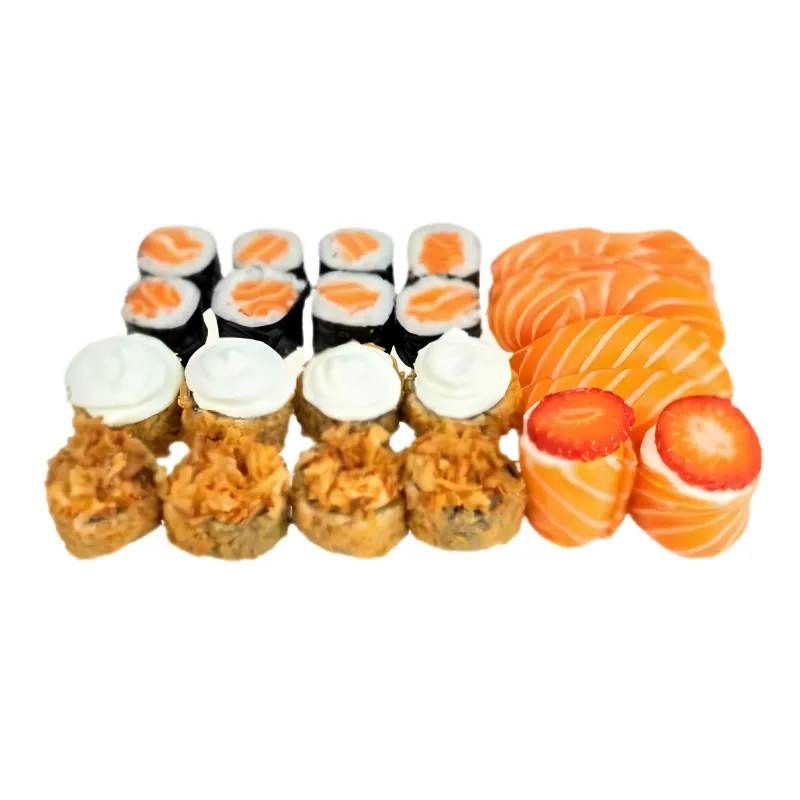 Salmão Mix 24 Peças - 4- sashimi de salmão, 2- gunkan phila morango, 2- nigiri de salmão, 8- hossomaki de salmão, 4- hot phila, 4- hot crispy