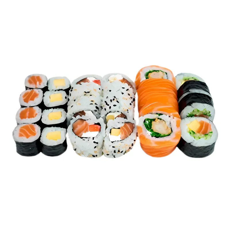 Fusion 24 Peças - 4 - Hossomaki Salmão 4 - Hossomaki Manga 4 - Uramaki Salmão Phila Manga 4 - Uramaki Salmão Phila Morango 4 - Uramaki especial ebi Salmão 4 - Futomaki Califórnia
