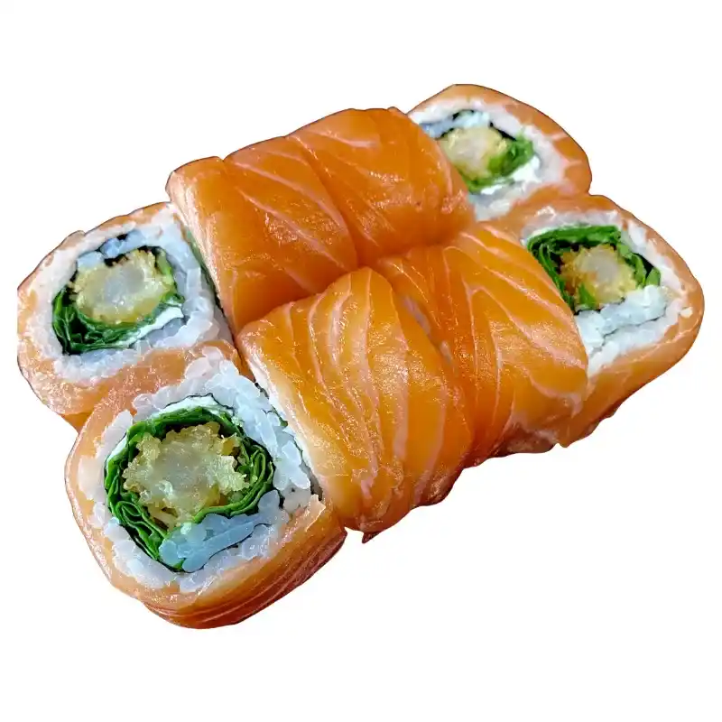 Uramaki Especial Ebi Salmão 8 Peças - Rolo com Arroz por Fora ( salmão queijo creme, pepino e camarão tempura) 8 peças