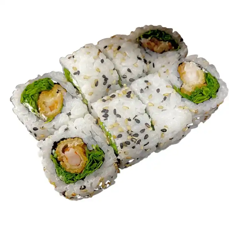 Uramaki Ebi Rúcula 8 Peças - Rolo com Arroz por Fora ( salmão, rúcula e camarão tempura) 8 peças