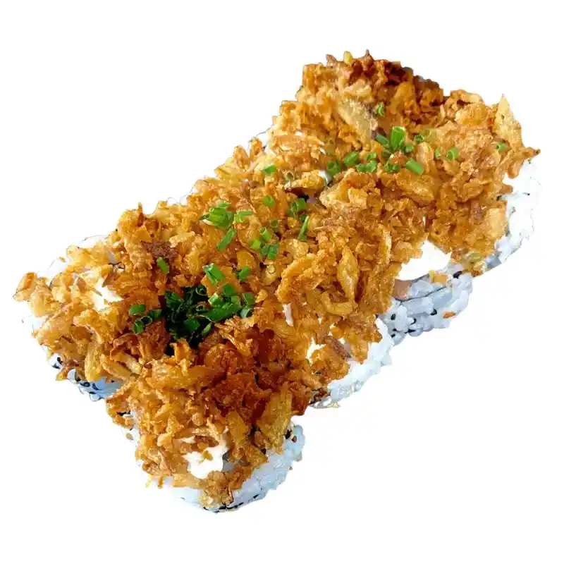 Uramaki Salmão Crispy 8 Peças - Rolo com Arroz por Fora ( salmão, queijo creme, pepino e cebola frita) 8 peças